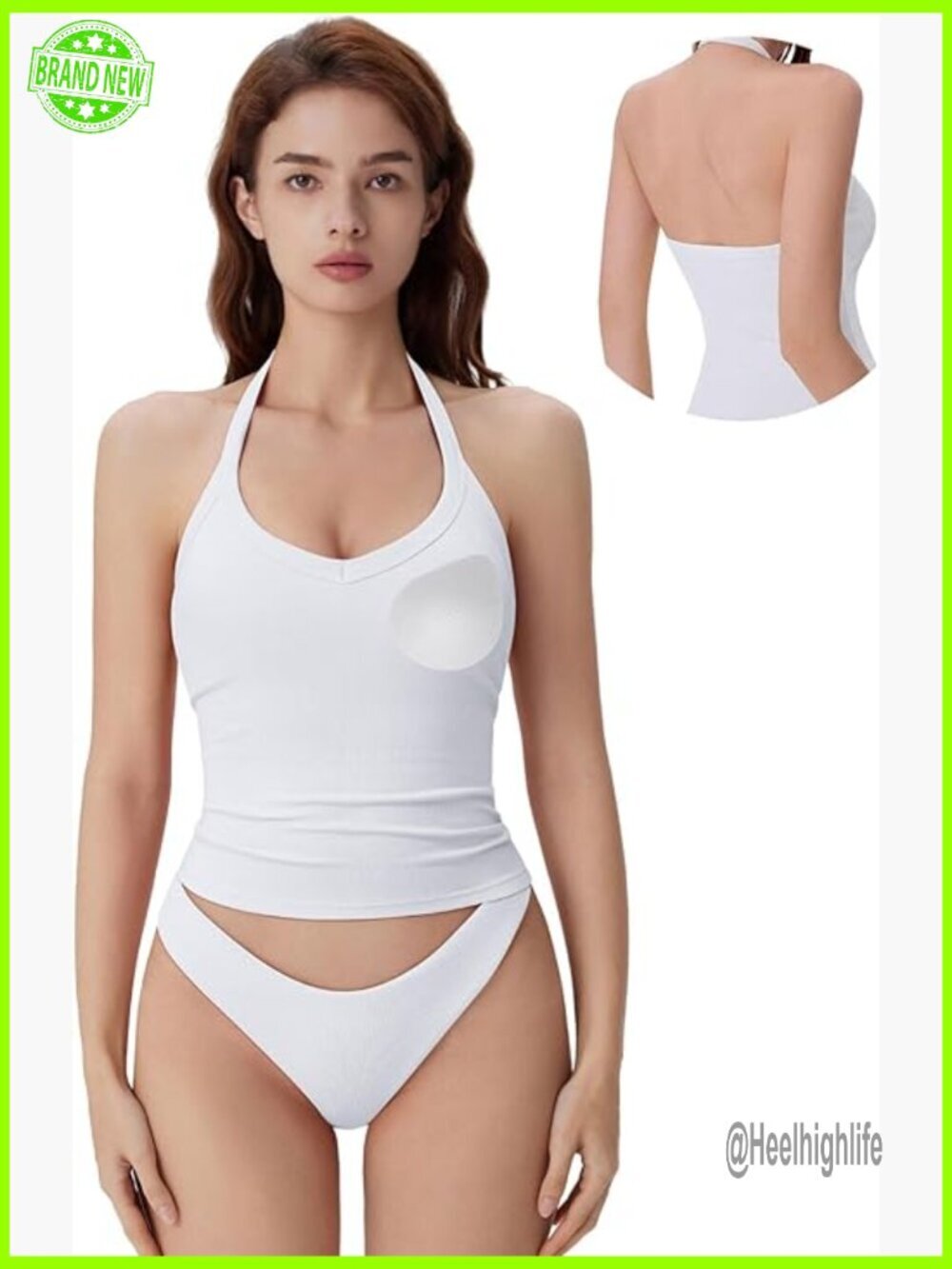 Halter Tank Top with Built-in Bra, Cotton Ribbed V-Neck Cami